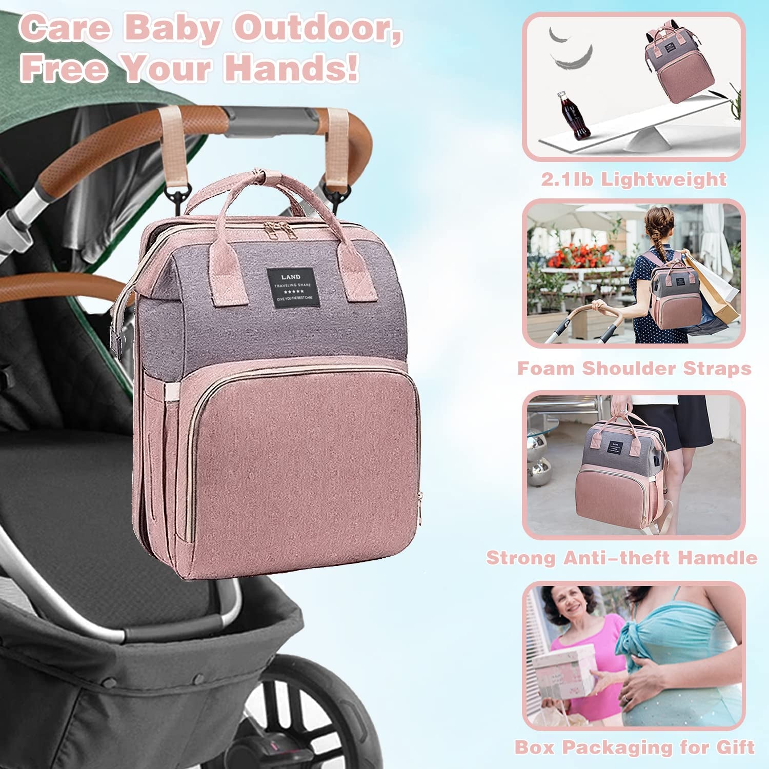 Diaper Bag with Changing Station,Diaper Bag Backpack，7 in 1 Travel Baby Diaper Bag,Mommy Bag with USB Charging Port (Pink-Grey)