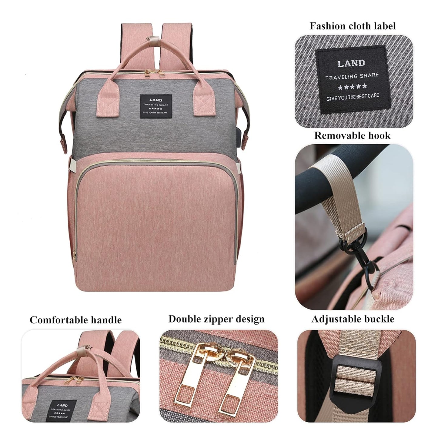 Diaper Bag with Changing Station,Diaper Bag Backpack，7 in 1 Travel Baby Diaper Bag,Mommy Bag with USB Charging Port (Pink-Grey)