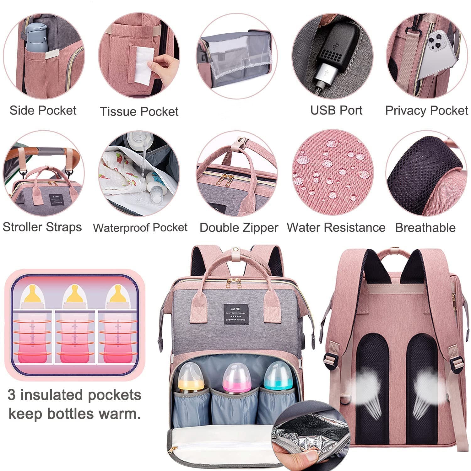 Diaper Bag with Changing Station,Diaper Bag Backpack，7 in 1 Travel Baby Diaper Bag,Mommy Bag with USB Charging Port (Pink-Grey)