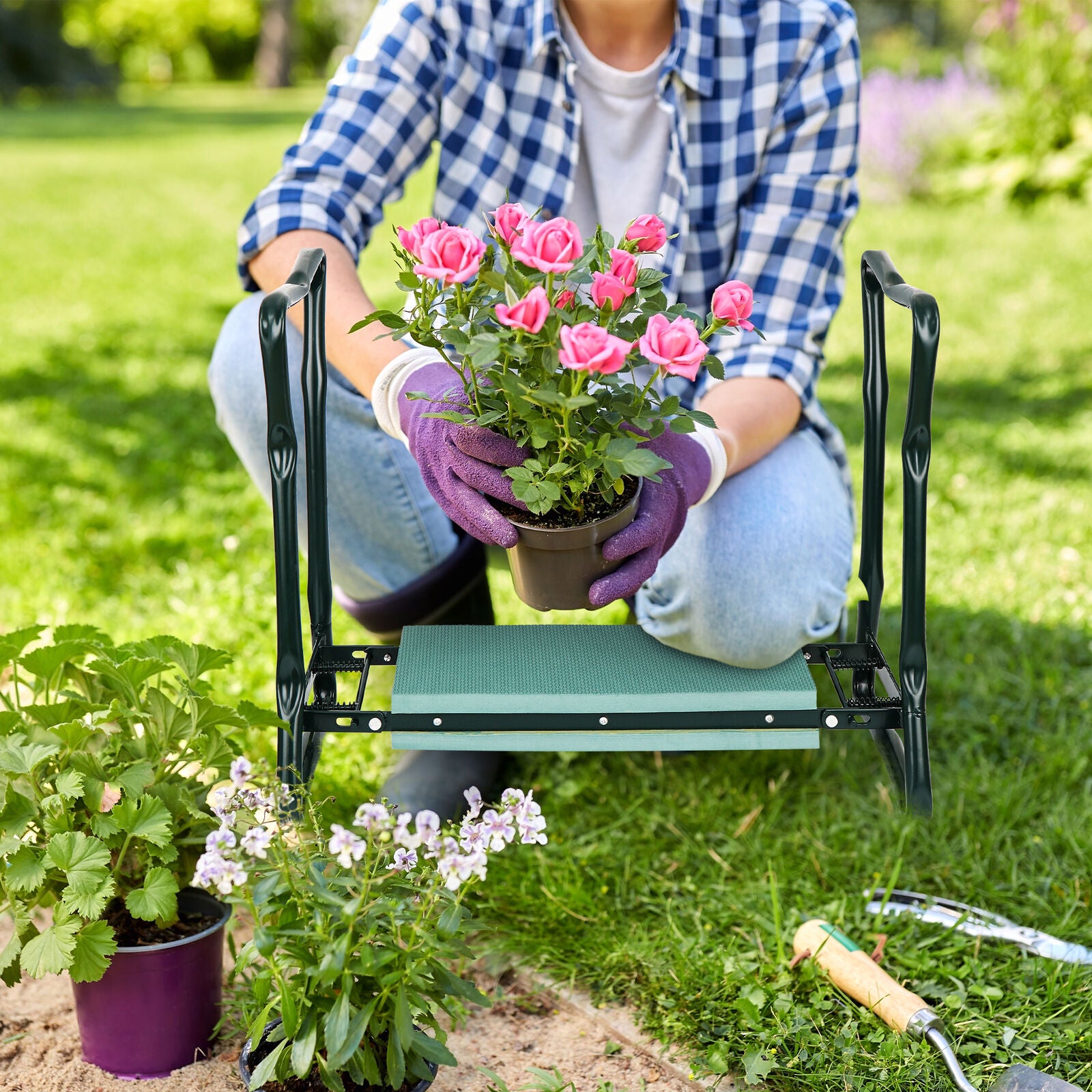 Folding Garden Kneeler Kneeling Bench Stool Soft Cushion Seat Pad & Tool Pouch