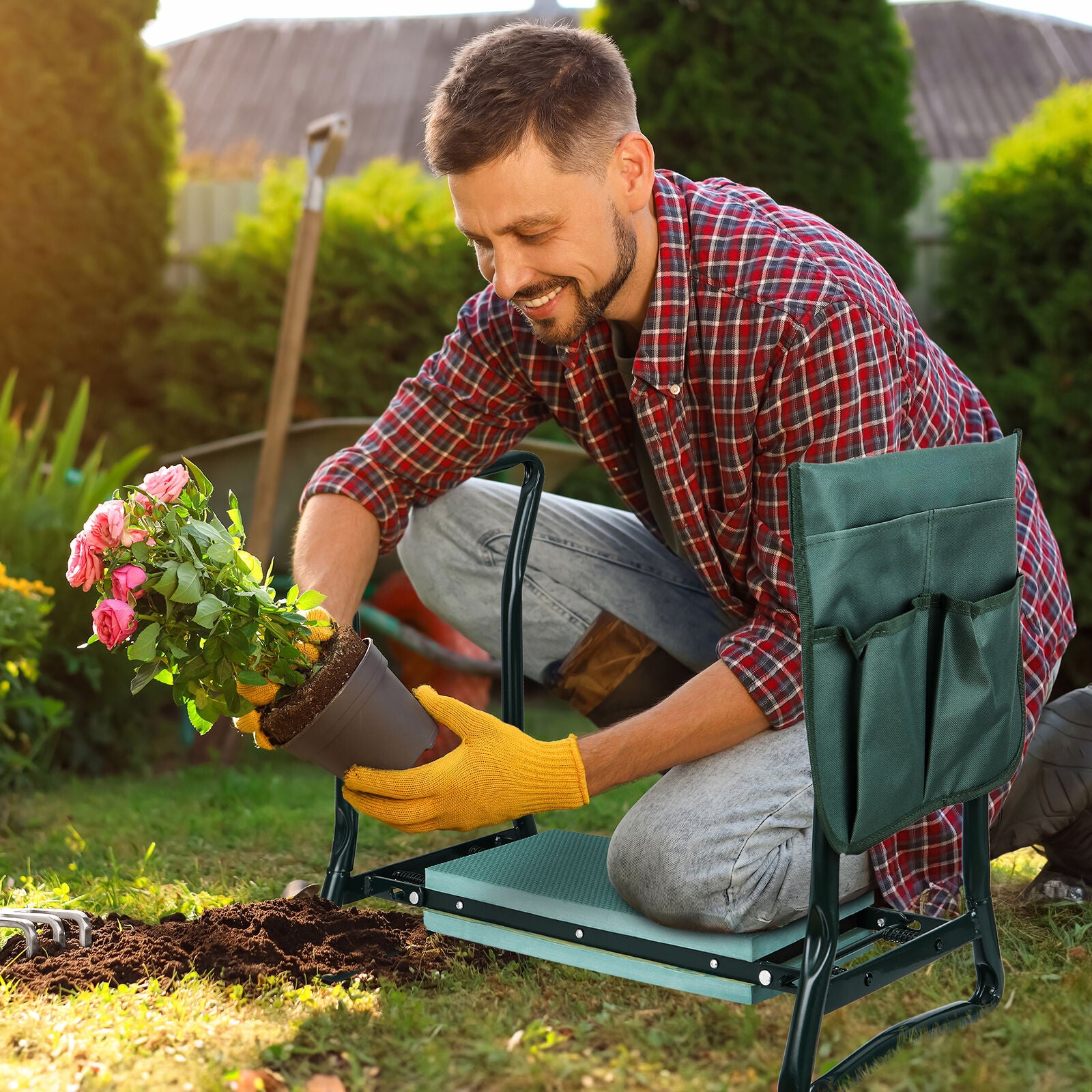 Folding Garden Kneeler Kneeling Bench Stool Soft Cushion Seat Pad & Tool Pouch